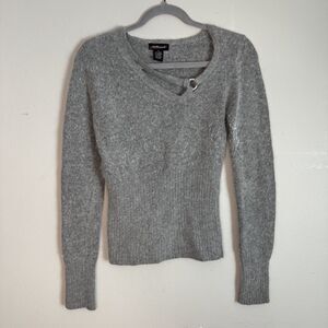 Vintage Angora Sweater Lambswool Blend Gray Medium Womens Rhinestone 90s Preppy